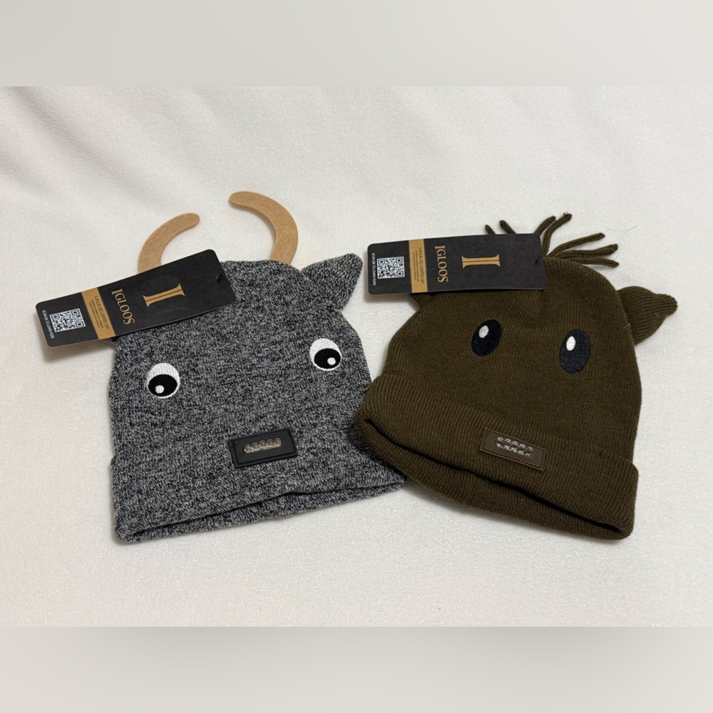 Igloos Set of 2 Kids Animal 5 Bulb LED Lighted Beanie Hats Brown & Gray  - NWT